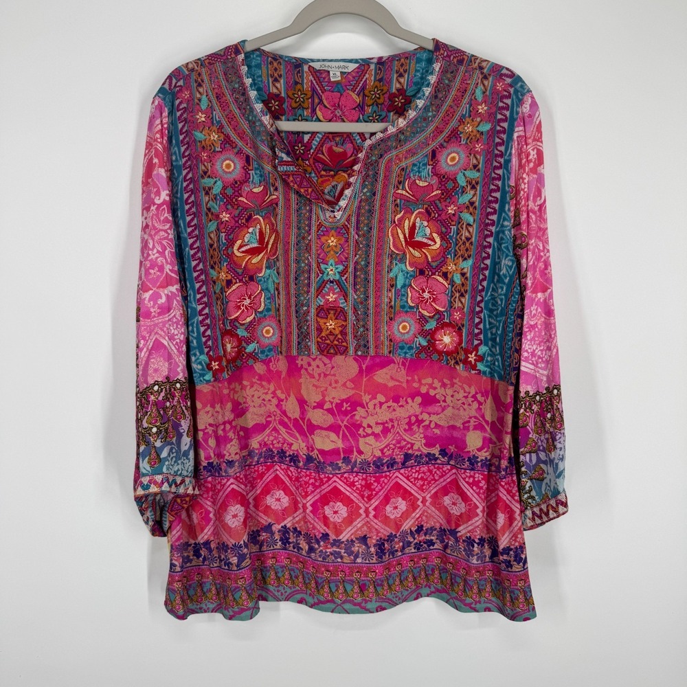 John Mark Embroidered Floral Blouse 3/4 Sleeve Pink Floral Size XL